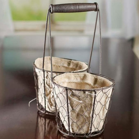 Factory Direct Craft Square Brown Chicken Wire Double Basket with Natural Linen Liner. for Cottage, Coastal or Farmhouse Style Home Decor