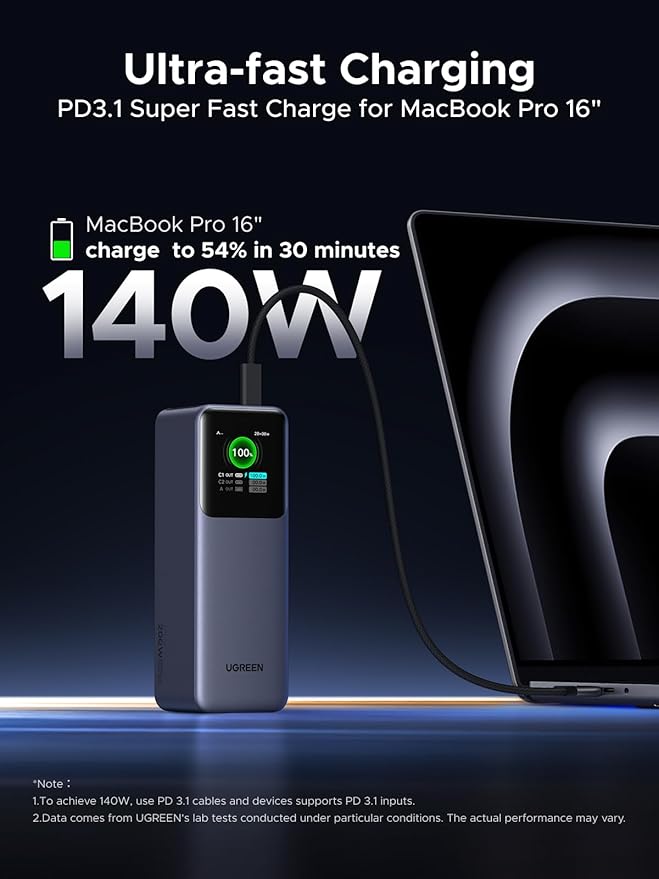 UGREEN Nexode Power Bank 25000mAh 200W Laptop Portable Charger PD 3.1 Fast Charging 90Wh 3-Port Battery Pack with TFT Smart Display for MacBook Pro/Air/ipad/iPhone 17/16/Samsung S24/Dell/HP and More