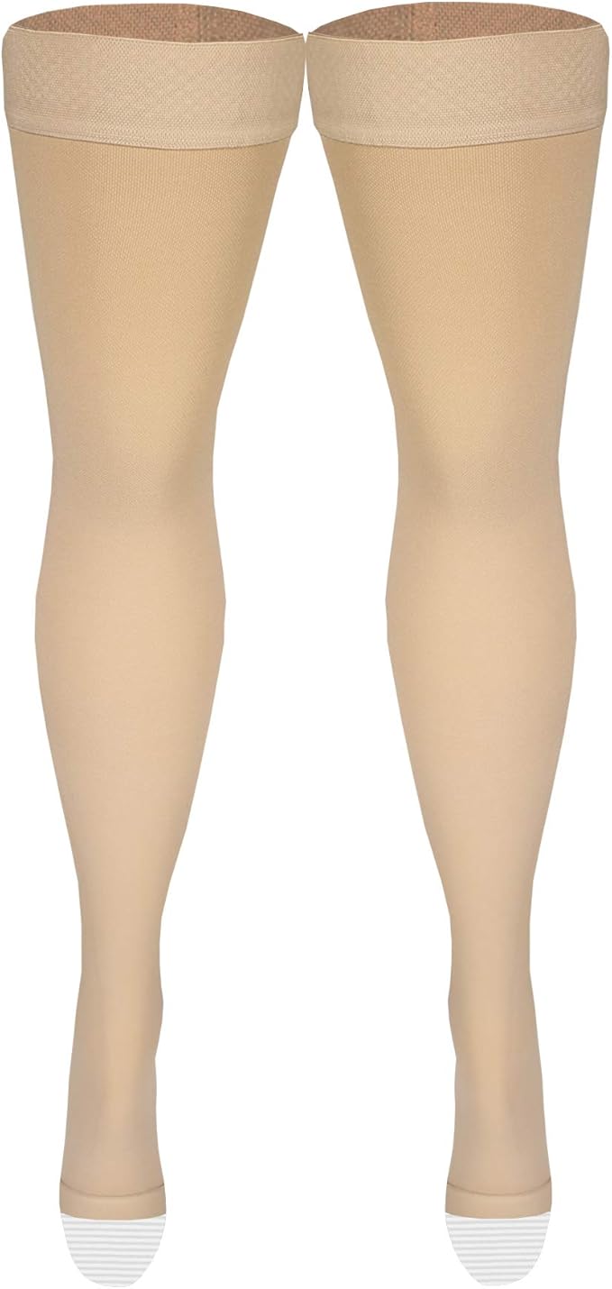 Amazon Basic Care Compression Stockings, 20-30 mmHg, Women & Men, Thigh Length | Open Toe | Beige | Small | Pack of 2