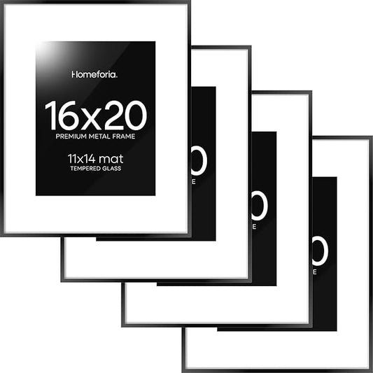 Homeforia 16 x 20 Picture Frame Black, High End Metal 11x14 Matted for 16x20 Frame, 16 x 20 Black Poster Frame with Mat 11 x 14 inch Photo, 20x16 Thin Hanging Frame, Tempered Glass, Wall Kit, Set of 4