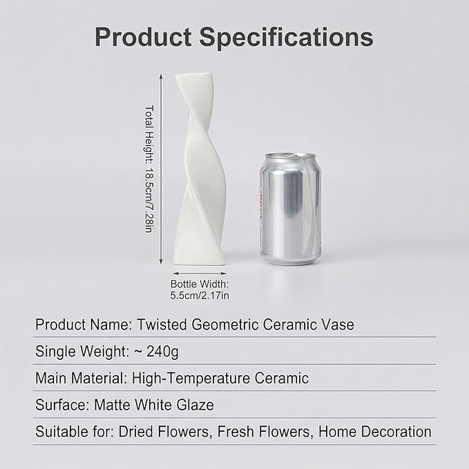 Bud Vase Small Ceramic Bud Vase Single Flower Stem Vase for Modern Home Decor for Centerpieces Twist Minimalism Style Vase Home Decorative Floral Centerpiece for Wedding and Office (White)