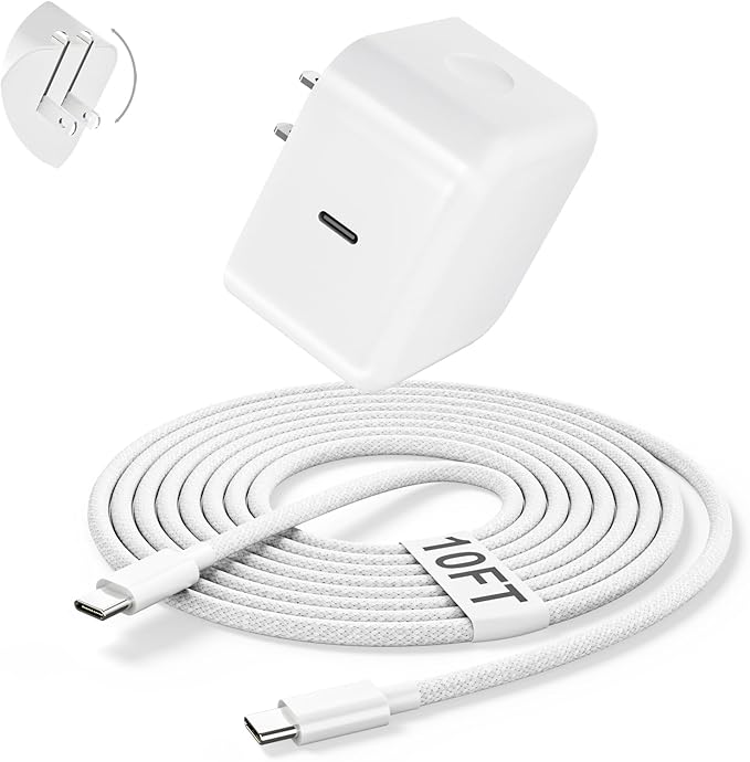 40W Wall Charger with 60W Max,1Pack Foldable Plug & 10FT USB C-C Cable,Quick Charger Adapter Suitable for Devices with Type-C Interfaces,Compatible with 17/ Air/Pro Max/16/15/Pro/Tablet/Earphones