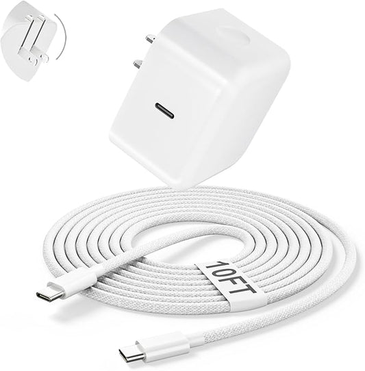 40W Wall Charger with 60W Max,1Pack Foldable Plug & 10FT USB C-C Cable,Quick Charger Adapter Suitable for Devices with Type-C Interfaces,Compatible with 17/ Air/Pro Max/16/15/Pro/Tablet/Earphones