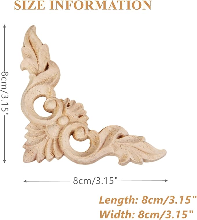 MUXSAM 4Pcs Wood Carved Appliques Onlays, Unpainted Little Wooden Corners Flower Carvings Decals for Mirrors Cabinets Walls Doors Chests Dressers Night Stand DIY Artwork Project, 8x8cm/3.15"x3.15"