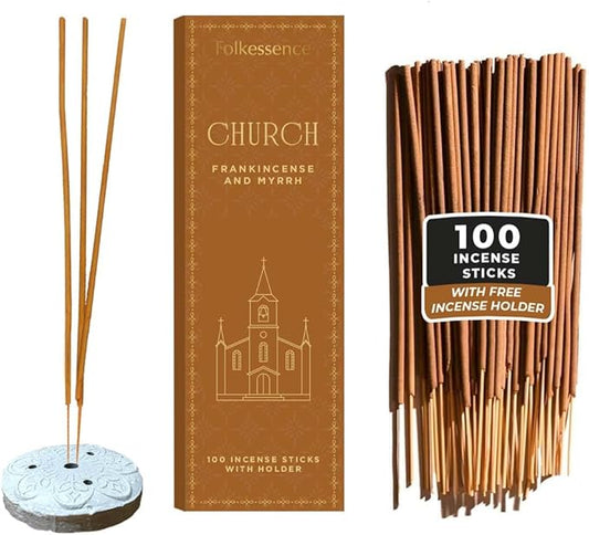 Folkulture Church Incense Sticks with Holder (100 Sticks) |Frankincense & Myrrh Catholic Incense Stick for Prayer, Daily Worship | No Charcoal,Organic,Non Toxic, 45 Mins, Long Burning Insence-Sticks