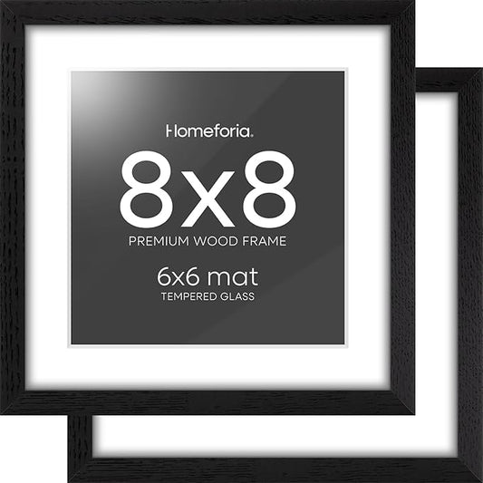 Homeforia 8x8 Picture Frame Black Wood, High-End Oak 8 x 8 Square Frames with Mat 6 by 6 inch Photo, 8x8 Wooden Frame Matted to 6x6 Art, 8by8 Wall or Tabletop Frame, Tempered Glass, Wall Kit, Set of 2