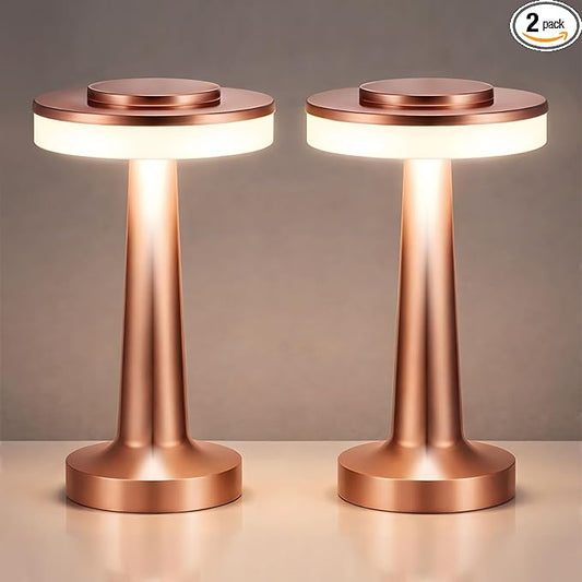 Riakrum 2 Pcs LED Portable Cordless Table Lamp with Touch Sensor 3 Color Stepless Dimming Rechargeable Battery up to 15 Hours Cordless Table Light Wireless Lamp for Nursery (Rose Gold)