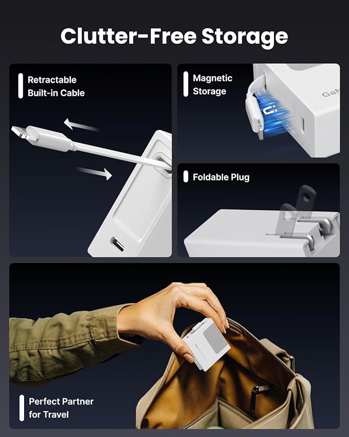 Gitryin Portable USB Phone Charger Block, Retractable Wall Charger with 33.5in Retractable Lightning Cable, 40W Fast Charging Block with USB C Port, Power Adapter with Foldable Plug for iPhone14/13/12