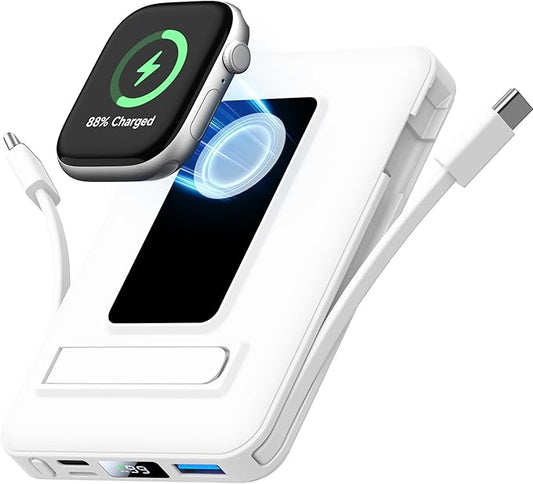 Magnetic Portable Charger, 10000mAh Wireless Power Bank for iPhone with Built-in Cables, 20W Fast Charging for Magsafe Battery Pack with Stand for iPhone Air/17/16/15/14/13/12 and Apple Watch