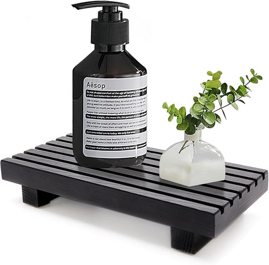 Renawe Small Black Bathroom Decor Tray for Counter Dish Soap Holder Wooden Pedestal Stand for Kitchen Sink Soap Dispenser Wood Risers Kitchen Accessories Countertop Vanity Counter Sponge Sink Tray
