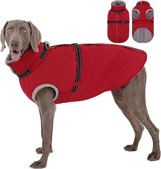 AOFITEE Dog Coat, Warm Dog Winter Coat with Harness Built in, Waterproof Pet Snow Jacket with Zipper on Back, Fleece Pet Sweater Outdoor Puffer Jacket Snowsuit for Extra Large Dogs, Christmas Red XXL