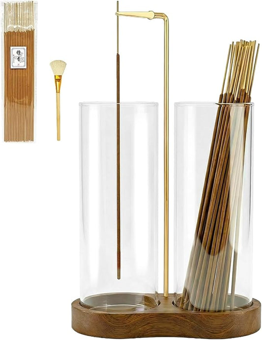Incense Holder,Wooden Incense Holder for Sticks with 20 Incense Sticks, Anti-ash Incense Burner with Glass Ash Catcher, Wood Incense Holder 20 Stick (2 Glass Ellipse Base)