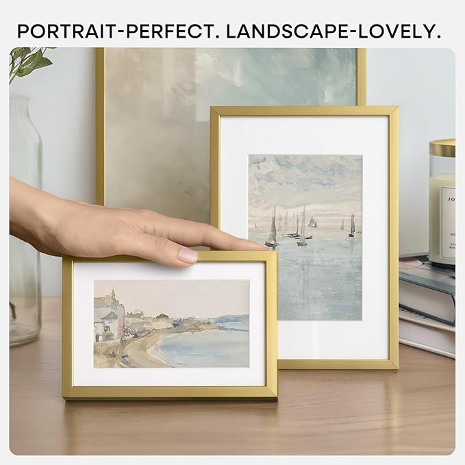 Homeforia 8x8 Picture Frame Gold, High End Metal 8 x 8 Square Photo Frames with Mat 6 by 6, 8x8 Poster Frame Matted to 6x6 inches Print, 8by8 Wall or Tabletop Frame, Tempered Glass, Wall Kit, Set of 3