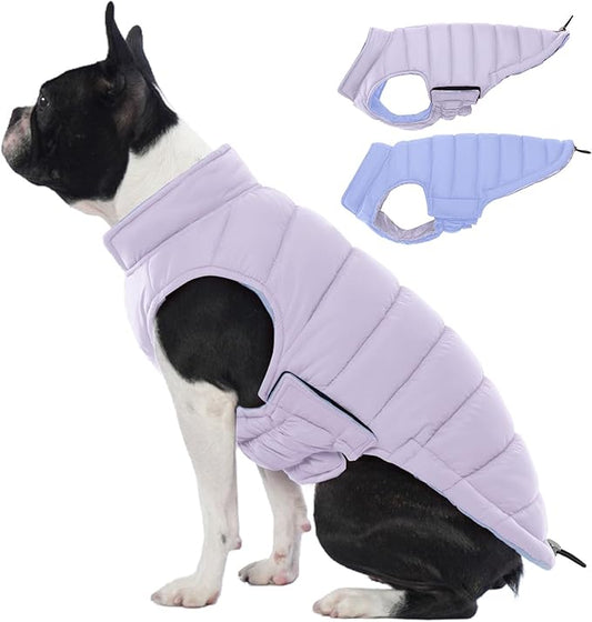 Lelepet Reversible Dog Coat Waterproof Dog Jacket Windproof Puffer Vest for Winter Warm Lightweight Coats for Small Dogs Adjustbale Hook & Loop Pet Apparel with Leash Hole, Shih Tzu, Purple, S