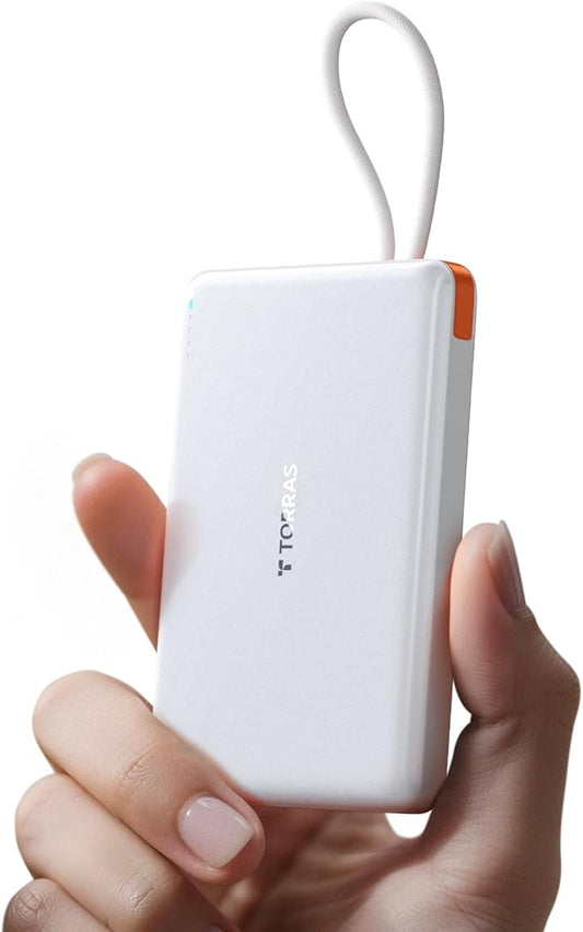TORRAS Power Bank with Built-in USB-C Cable (No-Wireless), Ultra-Slim 10,000mAh Portable Charger USB C, 22.5W Fast Charging Battery Pack for iPhone 17/16/15 Series, Phone air, Galaxy, Pixel, White
