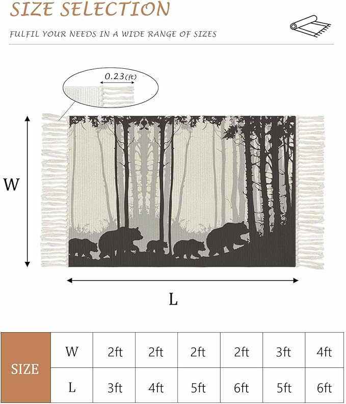 Rustic Bear Runner Rug 3X5 Ft Bedroom Area Rug, Washable Woven Forest Animal Rustic Cabin Throw Carpet with Tassel, Non-Shedding Farmhouse Vintage Nature Scenery Art Dining Room Living Room Carpets