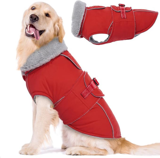 Lelepet Warm Dog Coat Waterproof Dog Jacket Reflective Fleece Vest with Adjustable Buckle Hook & Loop, Windproof Winter Jacket Dogs Coats for Small Medium Large Dogs, Red, XXXL