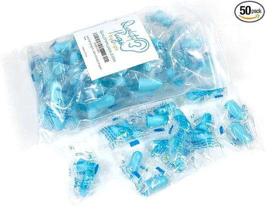 Quality Foam Blue Earplugs - 50 Pairs Bulk Pack, 32db High Decibel Noise Cancelling Ear Plugs for Sleeping, Snoring, Work, Construction, Woodworking - Disposable, Soft, Comfortable, & Soundproof