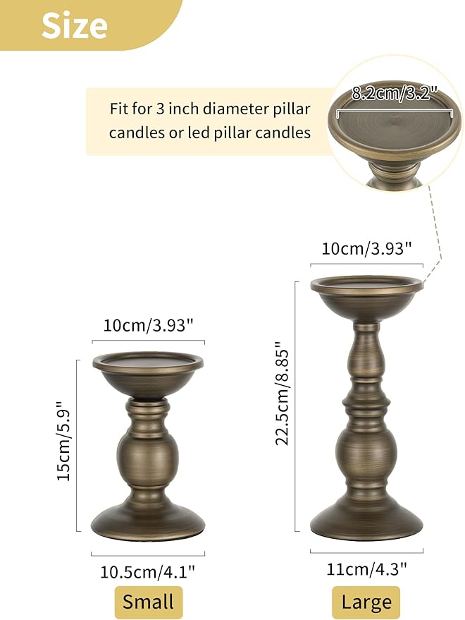 Bronze 2 Pcs Iron Pillar Candle Holders, Most Ideal for 3" Pillar Candles, Gifts for Wedding, Party, Home, Spa, Reiki, Votive Candle (2 x L)