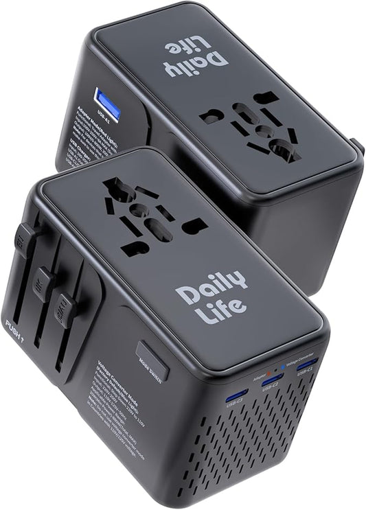 DAILYLIFE 220V to 110V Converter, Travel Adapter US to Europe - Power Converter Adapter Combo with 3 USB C and 1 USB A for US/UK/EU/AU, (1 Pack) - Black