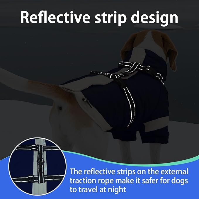 MIGOHI Rainproof Dog Winter Jacket with Harness,XXL Large Fleece Dog Coat with Sleeves,Adjustable Pet Puffer Jacket Snowsuit Cold Weather Coats for Golden Labrador Retriever,XXL,NavyBlue