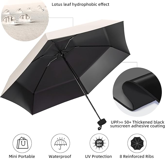 Travel Mini Compact Folding Umbrella with Case - UV Sun & Rain Protection, Lightweight Portable Pocket Umbrella for Women Men Kids, Fits Purse Backpack