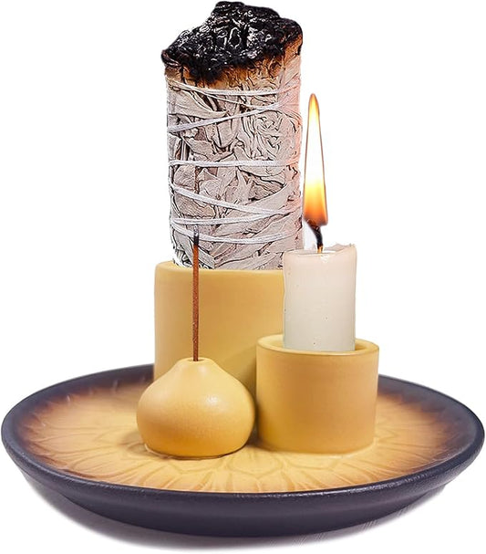 4 in 1 Multifunctional Ceramic Incense and Candle Holder with Ash Catcher Tray Suit for Burning White Sage, Palo Santo Sticks (Brown)