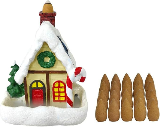 Hosley Resin Backflow Incense Burner – Christmas House Snow Cabin Backflow Incense Cone Holder (4.72") with 20 Apple Cinnamon Cones, House Decor & Aromatherapy