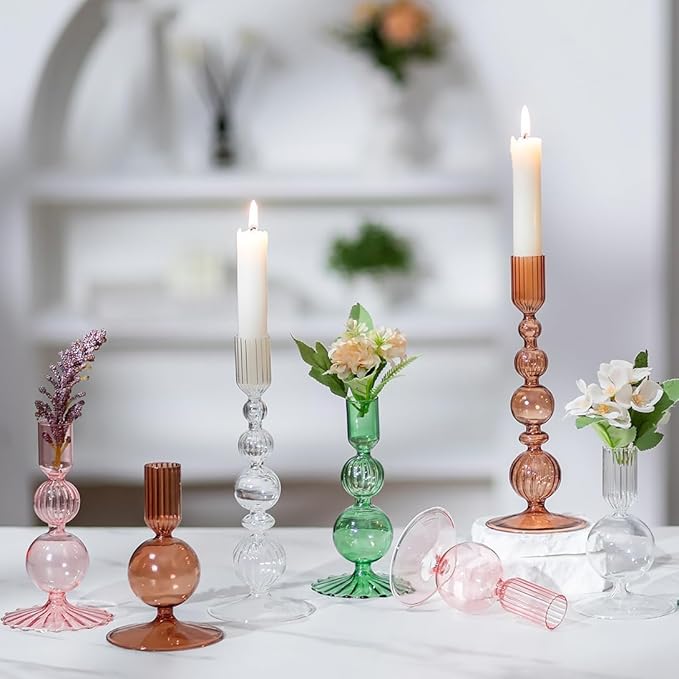 Hewory Glass Candlestick Holders Set: 3PCS Clear Candle Holder Taper Candle Holders Bulk, Crystal Ribbed Candle Sticks Holder Decor for Table Centerpiece Wedding Christmas Thanksgiving Dinner