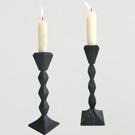 Antique Iron Taper Candle Holders - Set of 2 Decorative Candlesticks, Black Finish Candle Stand for Weddings, Dining, and Parties (Black, Square)