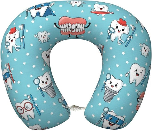 Unique Travel U Shaped Pillows Cute Dental Teeth Blue for Airplanes Car Flight, Comfortable Chin Head Neck Cushion Supporting, Polyester Removable Cover