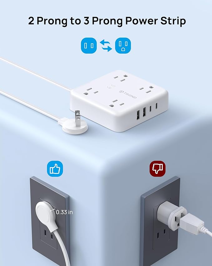 TROND 2 Prong Power Strip 10ft, 2 Prong to 3 Prong Extension Cord, Polarized Flat Plug, 4 AC 4 USB, Wall Mountable Surge Protector Outlet for Non-Ground Socket in Old House School Office, White