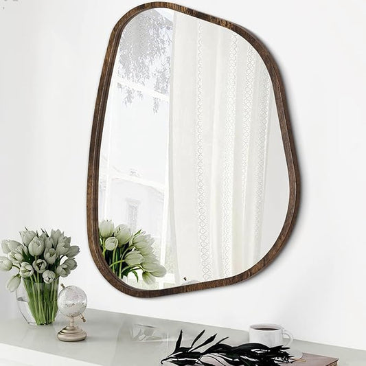 Asymmetrical Mirror Irregular Oval Wall Mirror Modern Wood Frame Unique Shape Wall Mounted Vanity Artistic Mirror Decorative for Living Room Bedroom Bathroom Entryway Hallway 20"x16"