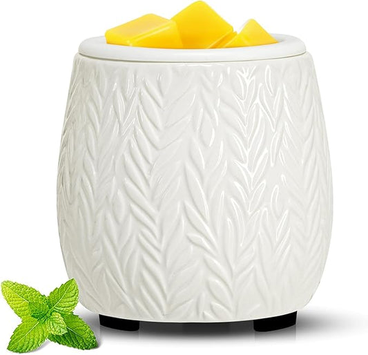 Wax Melt Warmer Ceramic Burner for Scented Cubes Electric Oil Burner Melter with Silicone Dish Fragrance Warmer for Home Office Bedroom White Leaf