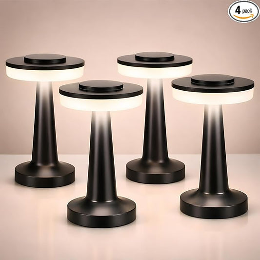 Riakrum 4 Pcs LED Portable Cordless Table Lamp with Touch Sensor 3 Color Stepless Dimming Rechargeable Battery up to 15 Hours Cordless Table Light Wireless Lamp for Nursery (Black)