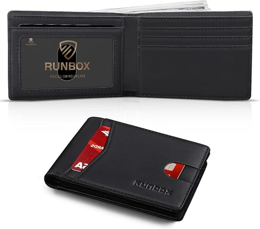 RUNBOX Wallet for Men Slim Leather Bifold RFID Blocking Minimalist Front Pocket Design with Gift Box
