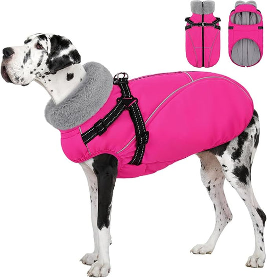 AOFITEE Large Dog Coat, Waterproof Dog Jacket Winter with Harness Built in, Warm Fleece Pet Puffer Jacket with Zipper, Cold Weather Coats for Dogs, Reflective Pet Snowsuit, Great Dane, Pink XXXL