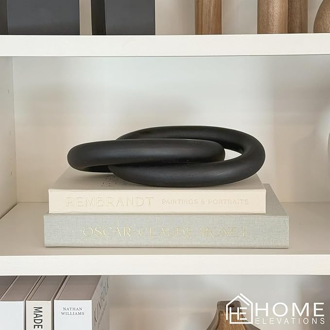 Wood Chain Link Decor – 13” Black Wooden Decorative Object for Coffee Table Decor & Neutral Decor for Home – Modern Knot Accent for Shelf Styling, Books, or Housewarming Gifts