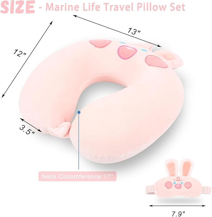 Travel Pillow, Kids Travel Pillow with Sleep Eye Mask Soft Memory Foam Kids Neck Pillow for Boys & Girls, Travel Accessories for Car Airplane Traveling - Screaming Rabbit