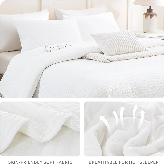 Sanracie Stonewashed Oversized Queen Quilt(102"x118"), Cotton Milk White Quilt Coverlet Sets 3Pcs Ultra Soft Crinkle Cross Stitch Bedspread Sets for All Season