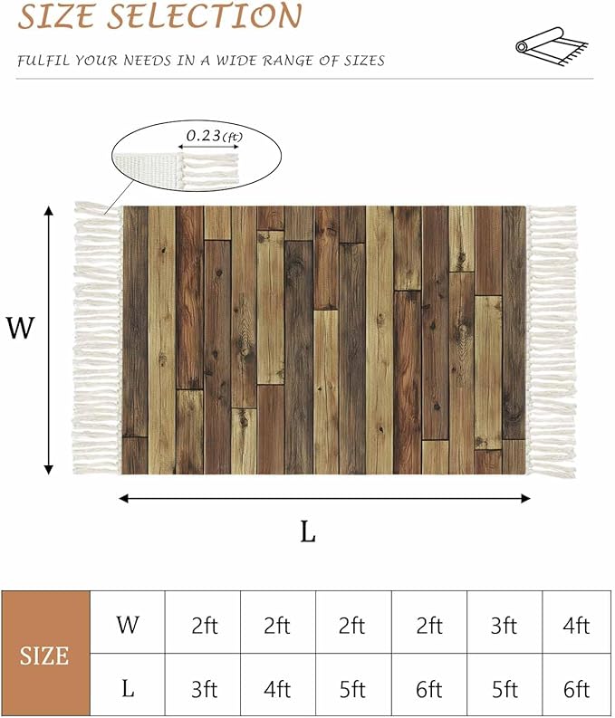 Brown Kitchen Hallway Runner Rug 2X5 Ft Carpet, Washable Woven Vintage Country Wooden Grain Throw Carpet with Tassel, Non-Shedding Farmhouse Cabin Retro Plank Stitching Art Entryway Laundry Rugs