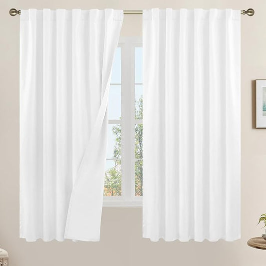 LAMIT 100% White Blackout Curtains for Bedroom, 63 Inches Polyester Textured Thermal Curtains Back Tab and Rod Pocket Burlap Panels with White Liner for Farmhouse/Living Room, 2 Panels, 52 x 63 Inch