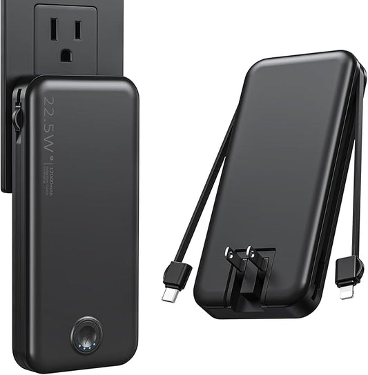 Portable Charger, 12000mAh 22.5W Fast Charging Power Bank with Built-in Cables & Wall Plug, Travel Essentials External Battery Pack, USB C Battery Phone Charger for iPhone, iPad, Samsung Black