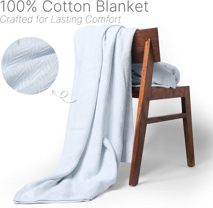 100% Cotton Herringbone Weave Blankets, 90"X90" Queen, Throw Blanket for Bed,All Season Cotton Blanket, Cozy Blanket,Throws Bed Blanket,Throw Blanket for Couch,Modern Home Decor -Light Blue