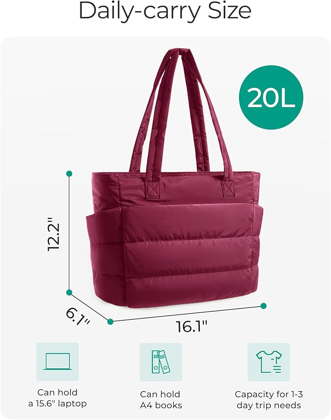 BAGSMART Tote Bag for Women, Lightweight Puffy Tote Bag with Compartments Shoulder Bag Handbag for Travel, Work, Gym
