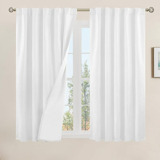 LAMIT 100% Blackout Linen Curtains, 45 Inches Linen Textured Thermal Bedroom Curtains Back Tab and Rod Pocket Neutral Panels with White Liner for Farmhouse, 2 Panels, 42 x 45 Inch, White