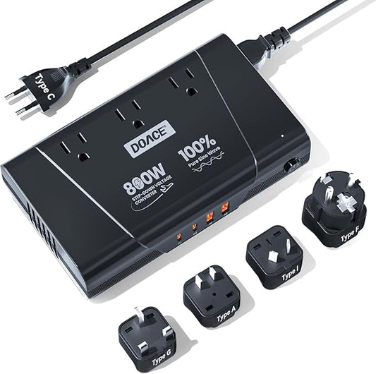 DOACE 800W Pure Sine Wave Voltage Converter US to Europe- 220V to 110V Converter for European Travel, No Limitation Step Down Transformer w/ 35W PD for Hair Straightener Curler CPAP Laptop Cell Phone