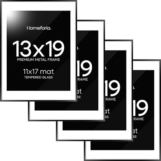 Homeforia 13x19 Picture Frame Black, High End Metal 13 x 19 Poster Frames with Mat 11 x 17 for Photo, 13x19 Black Frame Matted to 11x17 inch Print, 19x13 Thin Frame, Tempered Glass, Wall Kit, Set of 4