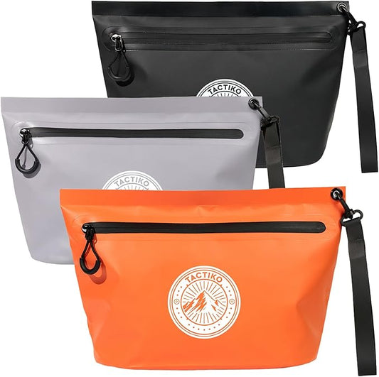 3-Pack Tactiko 3L Water Resistant Pouches - Waterproof Material w/Splashproof Zipper - Hold All Zipper Bags for Storage, Toiletries, Travel, Beach, Cruise, Home (3, Orange/Gray/Black)