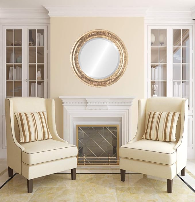 OVALCREST Round Beveled Wall Mirror for Home Decor - Florence Style - Champagne Gold - 34x34 Outside Dimensions